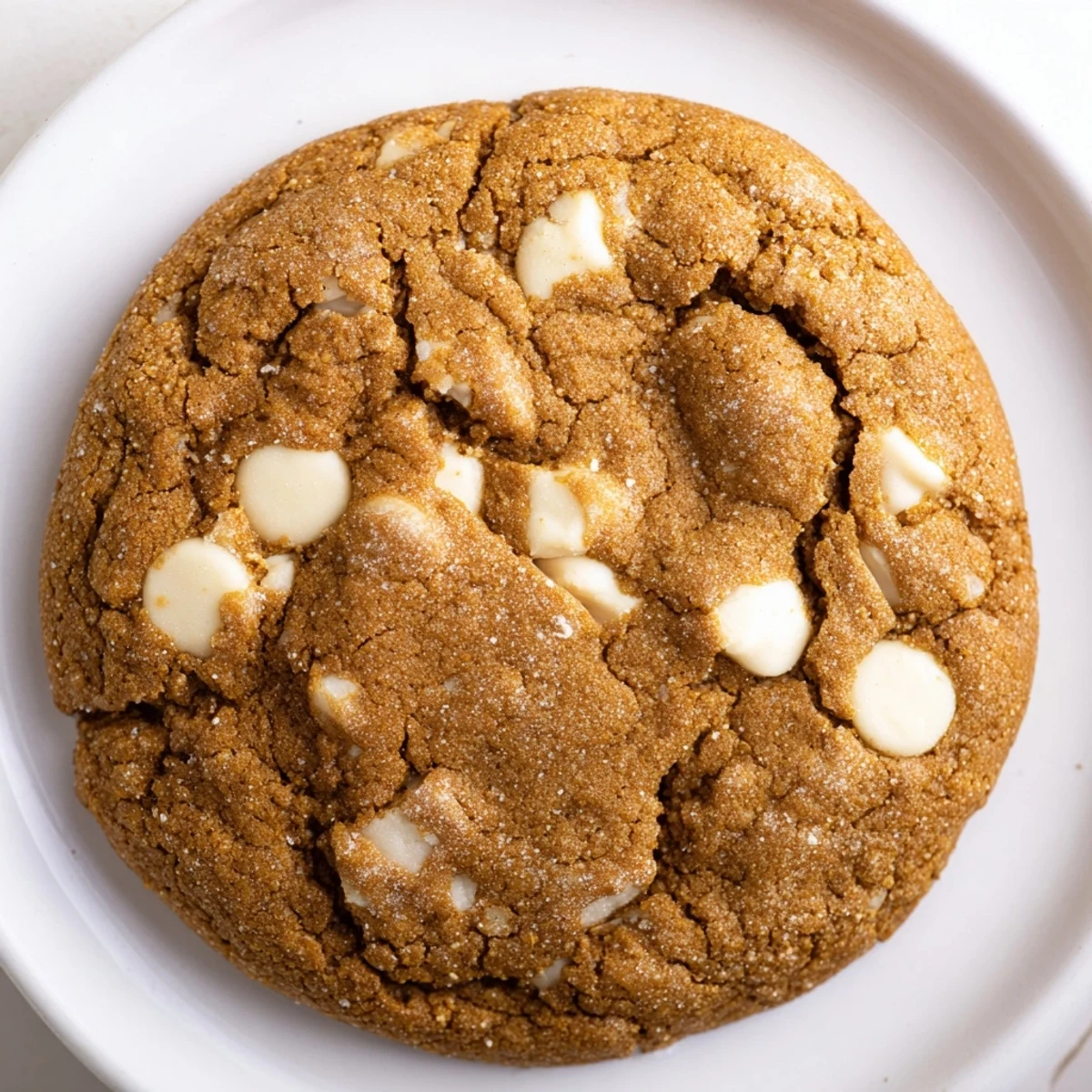 Close up of chewy bakery gingerbread white chocolate cookies studded with creamy white chocolate chunks.