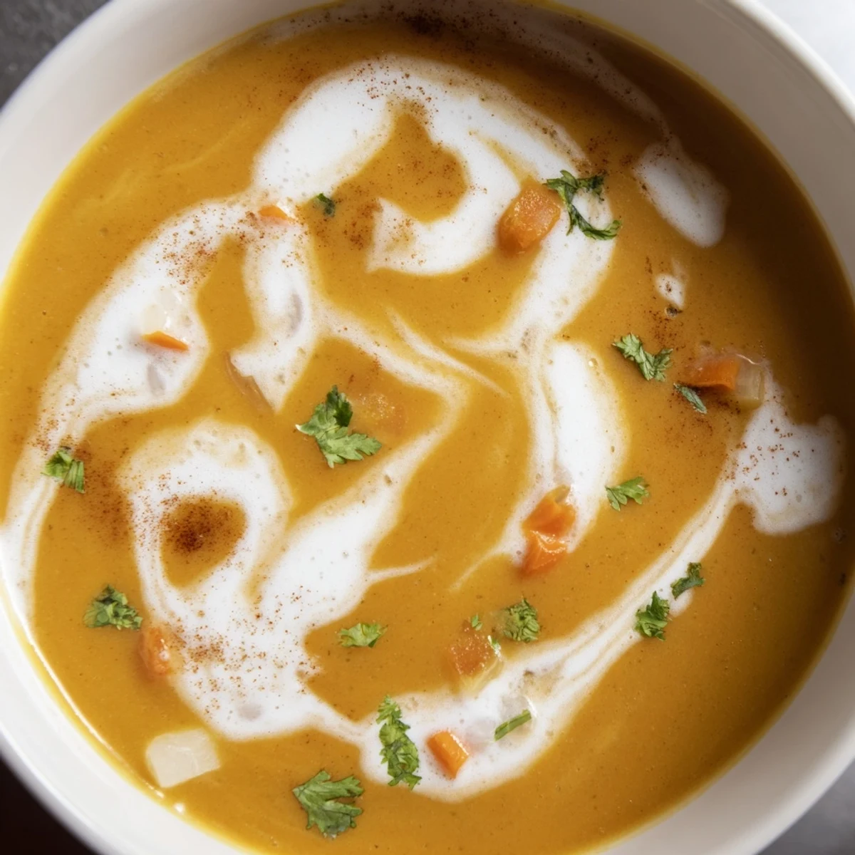 Creamy spicy apple soup recipe garnished with coconut cream and fresh herbs in a white bowl