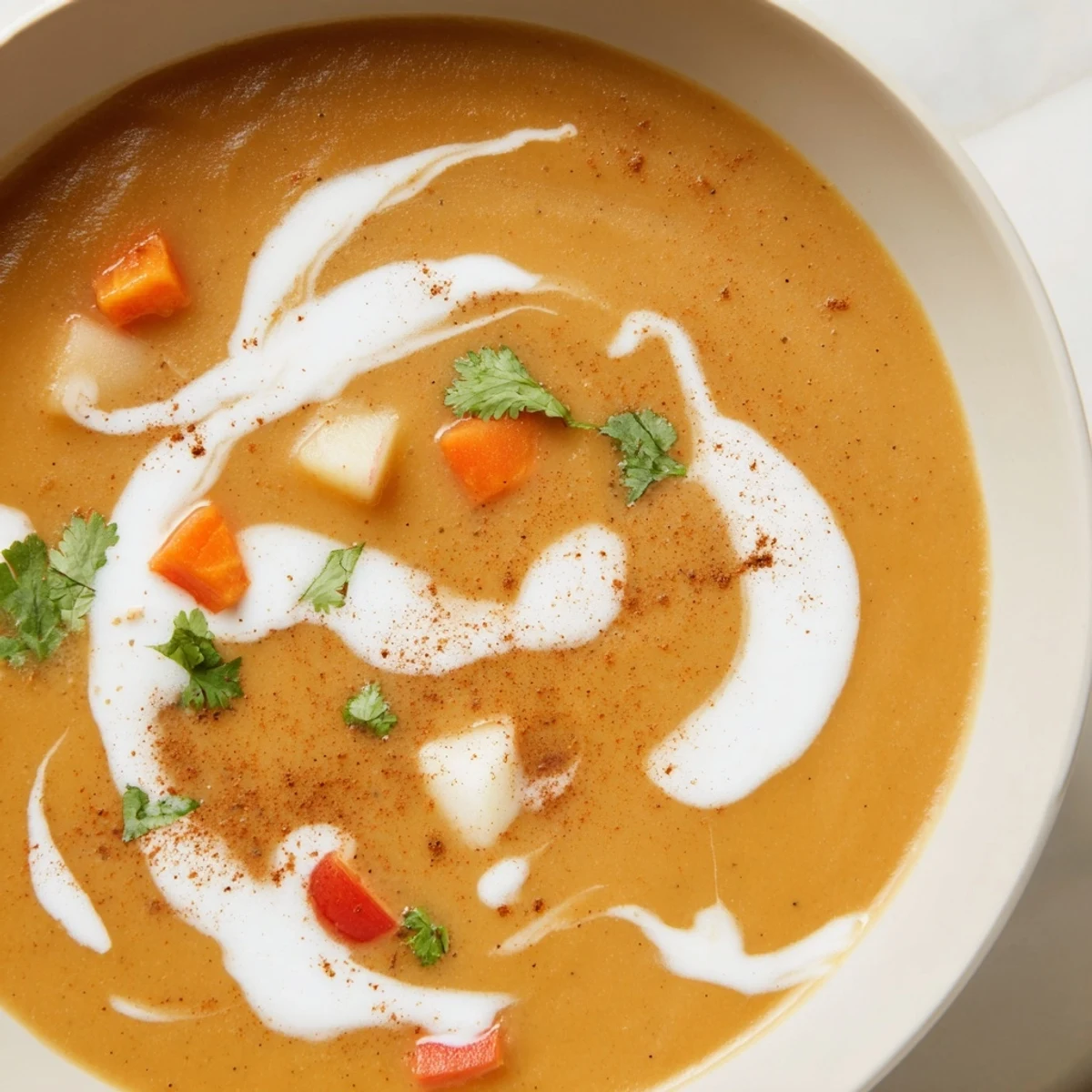 Steaming bowl of spicy apple soup recipe featuring smooth texture and vibrant orange color