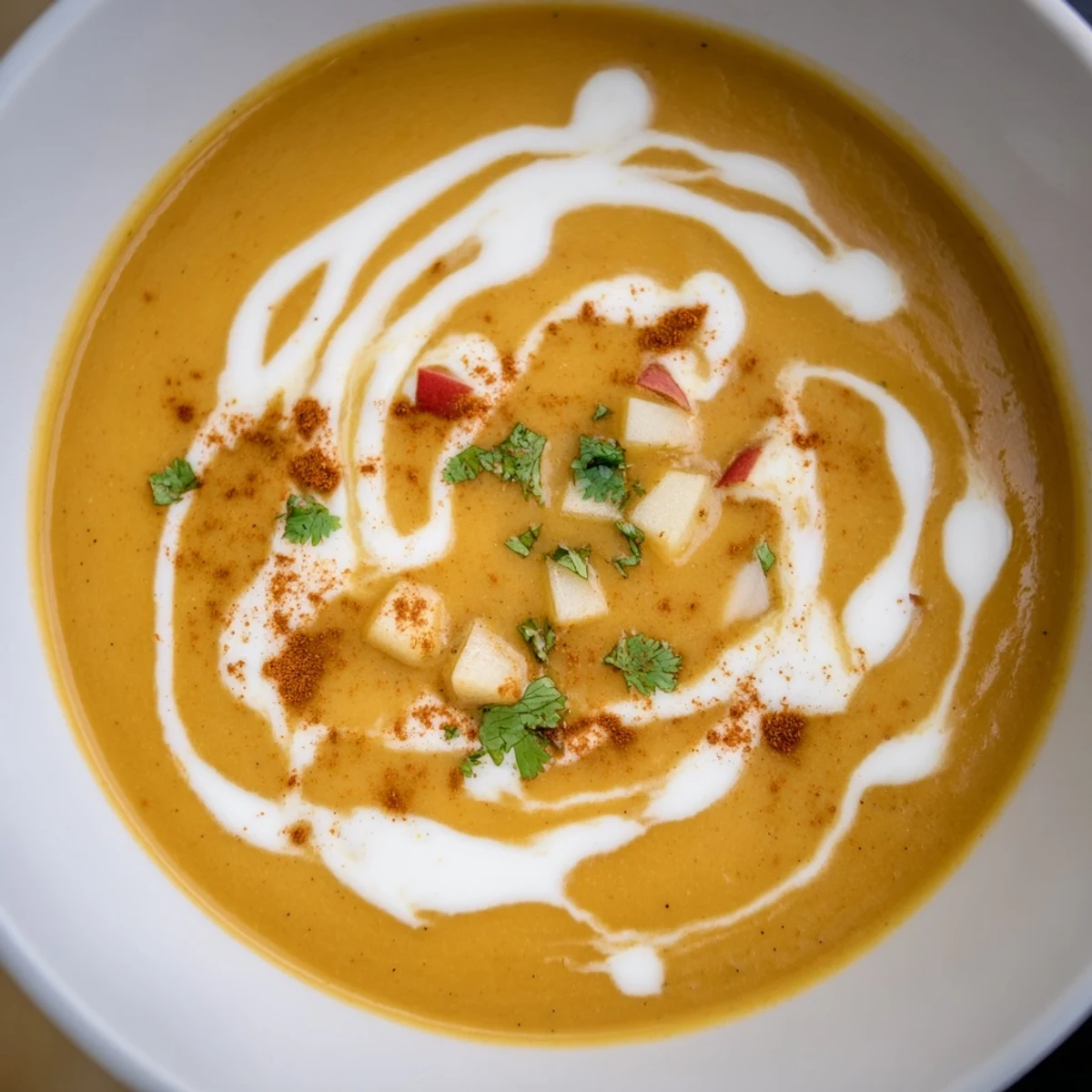 Velvety spicy apple soup recipe served hot with crusty bread and green herb garnish