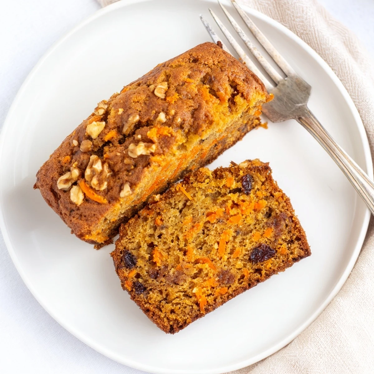 Moist spiced carrot cake banana bread with cinnamon and nutmeg served warm with melting butter on a white plate