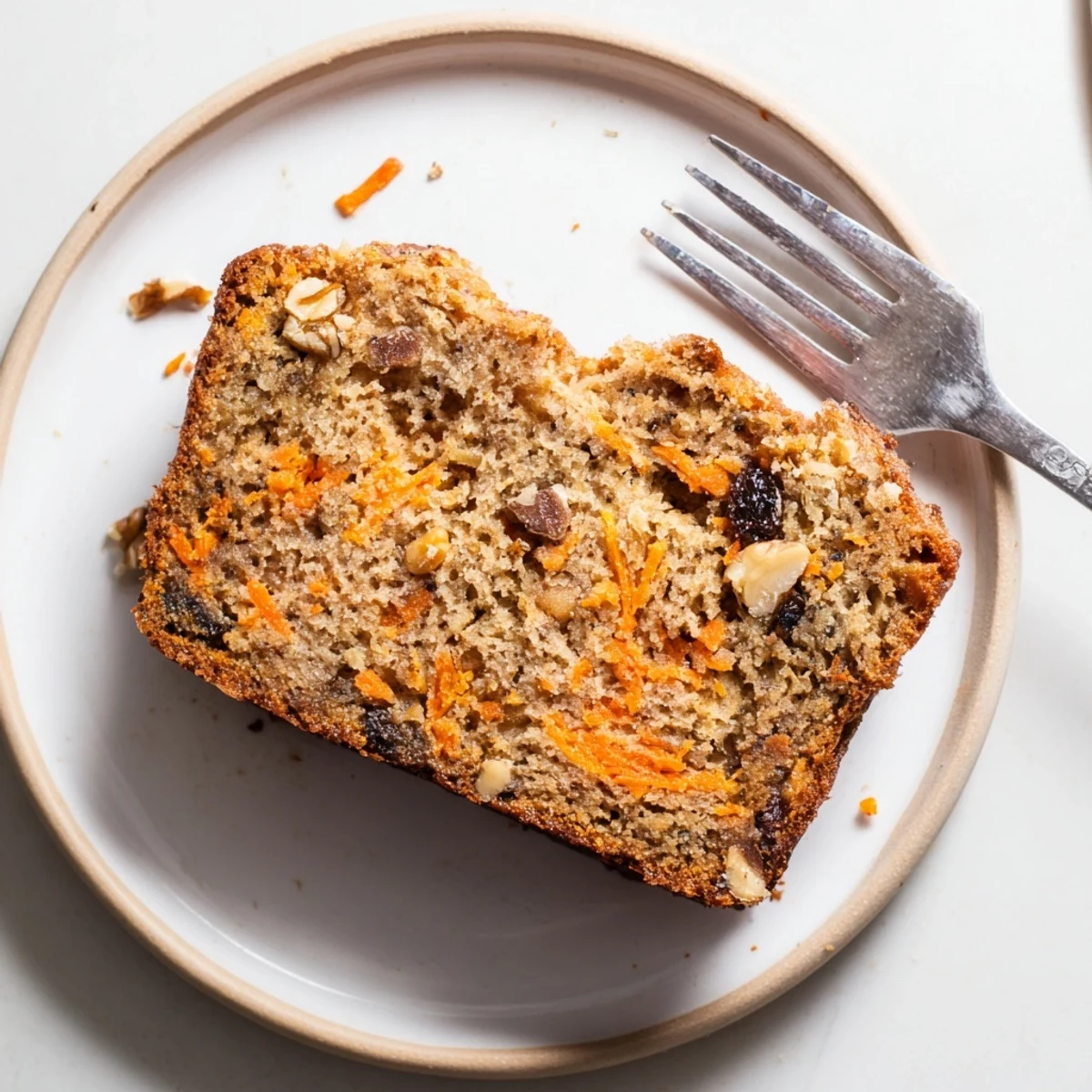 Golden carrot cake banana bread loaf sliced on a wooden cutting board with visible grated carrot flecks and toasted walnut pieces