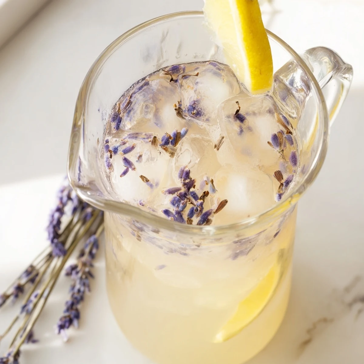 Glass pitcher of lavender lemonade garnished with fresh lemon slices and lavender sprigs over ice
