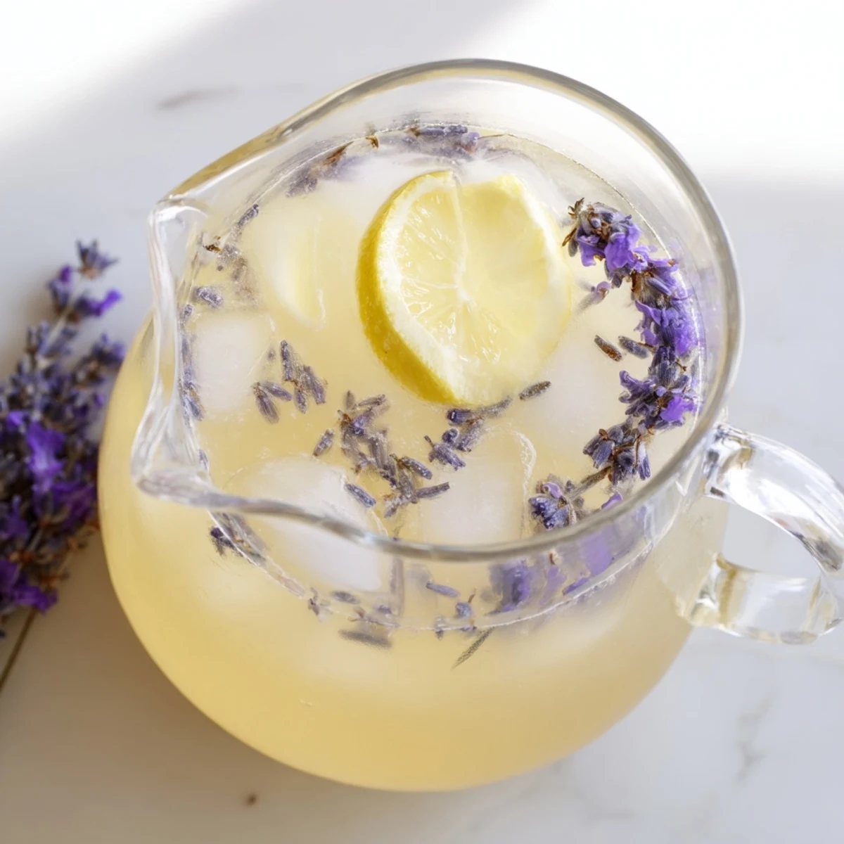 Pale yellow floral lemonade in a glass pitcher with dried lavender and lemon wheel garnish