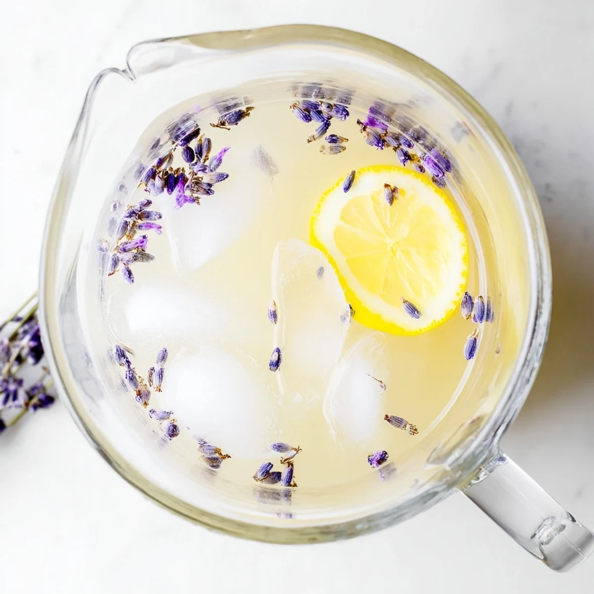 Refreshing lavender lemonade served in a mason jar with floating ice cubes and citrus wedges