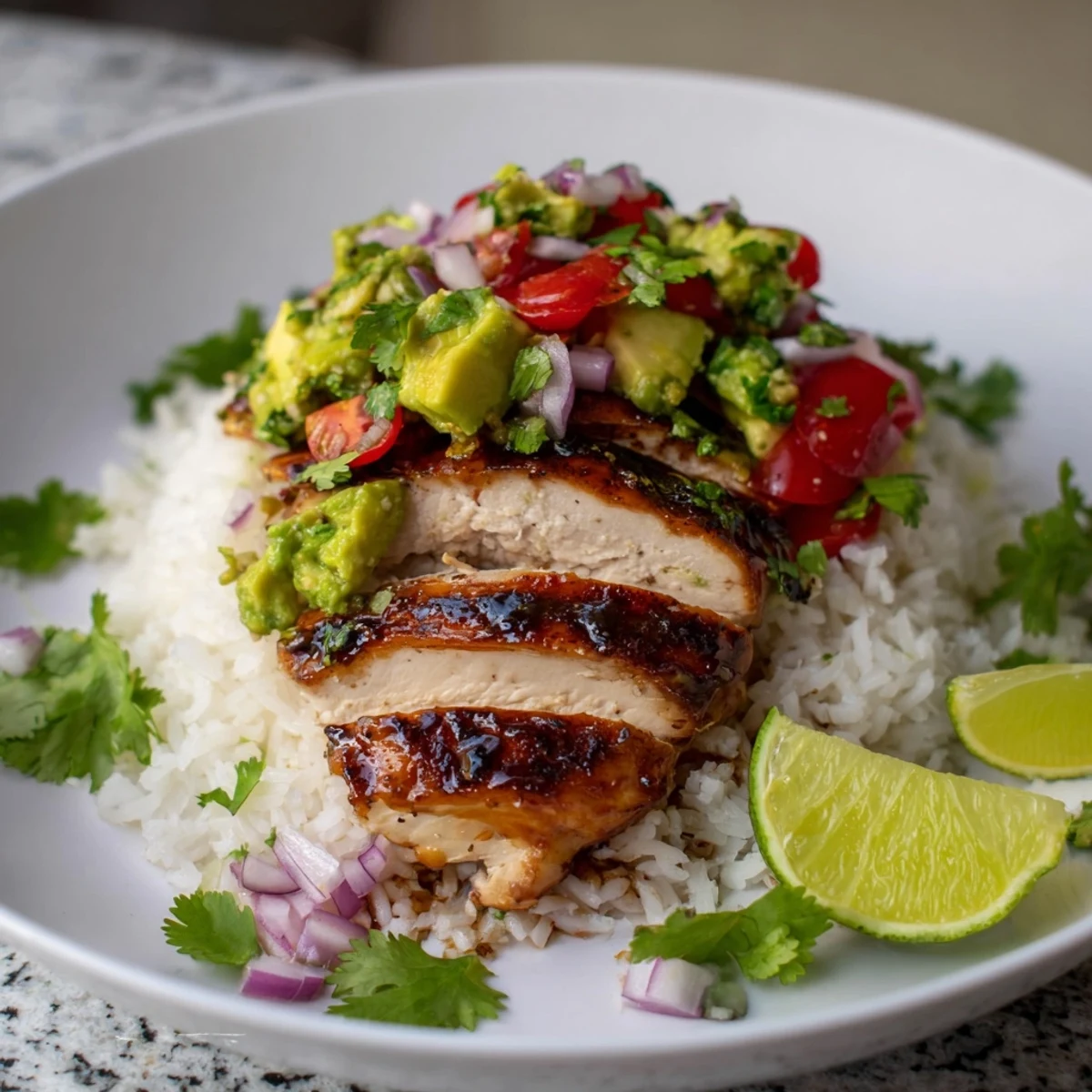 Layered Honey Lime Chicken Avocado Rice Stack with tender sliced chicken and fresh garnish