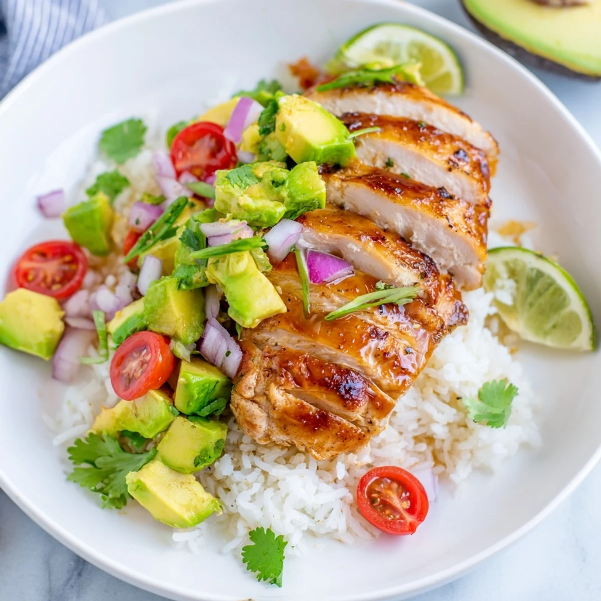 Vibrant Honey Lime Chicken Avocado Rice Stack served on white plate with lime wedges