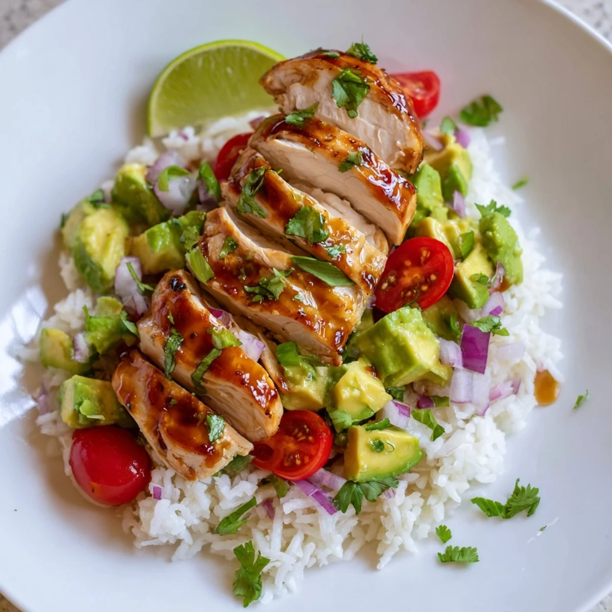 Tall stacked Honey Lime Chicken Avocado Rice Stack featuring juicy chicken and creamy avocado layers