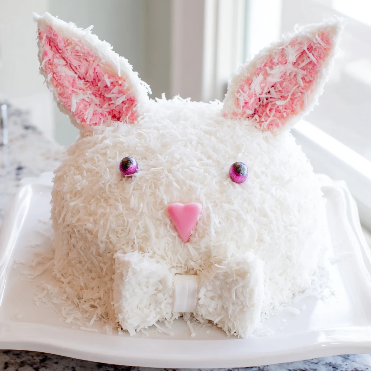 Adorable bunny cake with fluffy white coconut fur and pink candy details on a serving platter