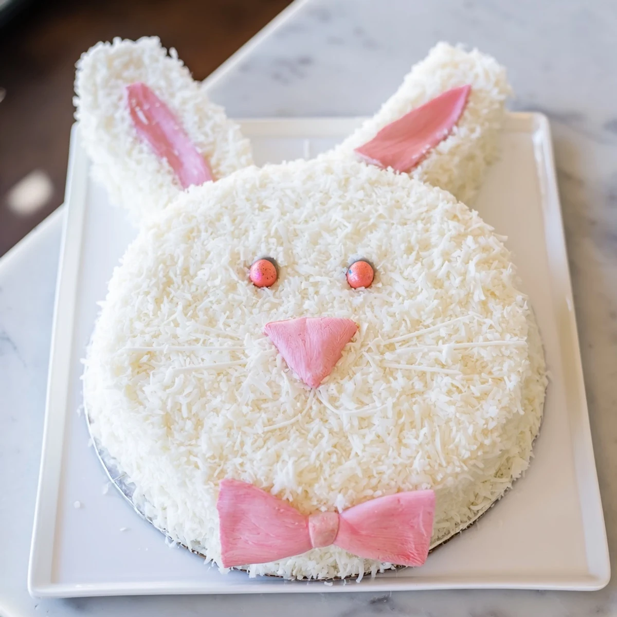 Easter bunny cake shaped from vanilla buttercream layers with sweet coconut coating and fondant ears