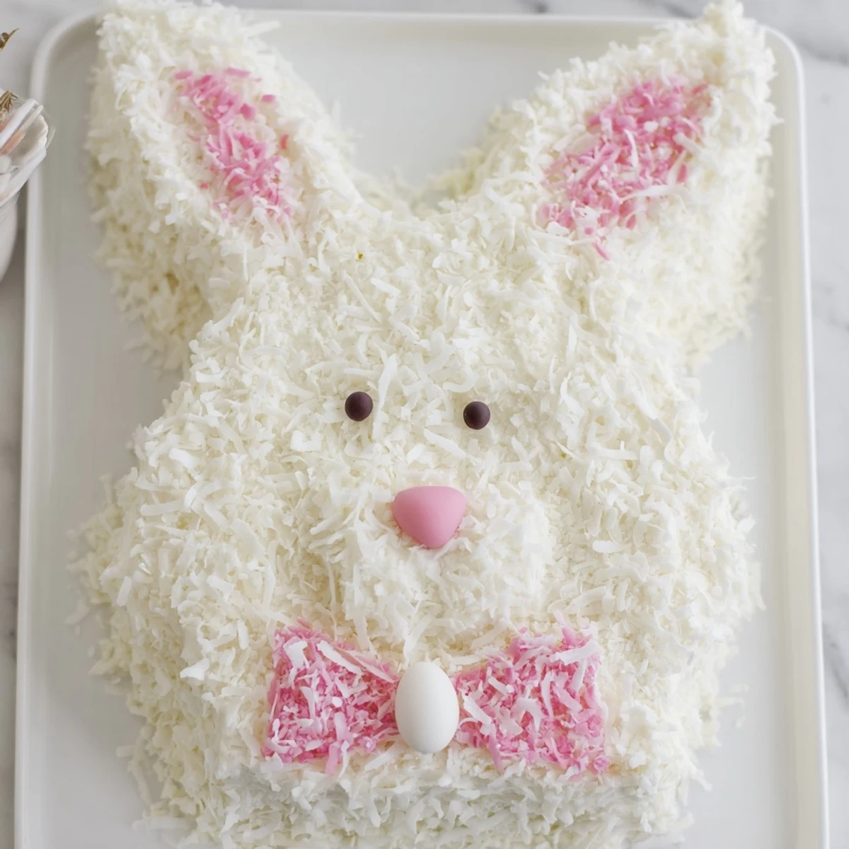 Whimsical bunny cake decorated with shredded coconut pink ears and jelly bean nose on white plate