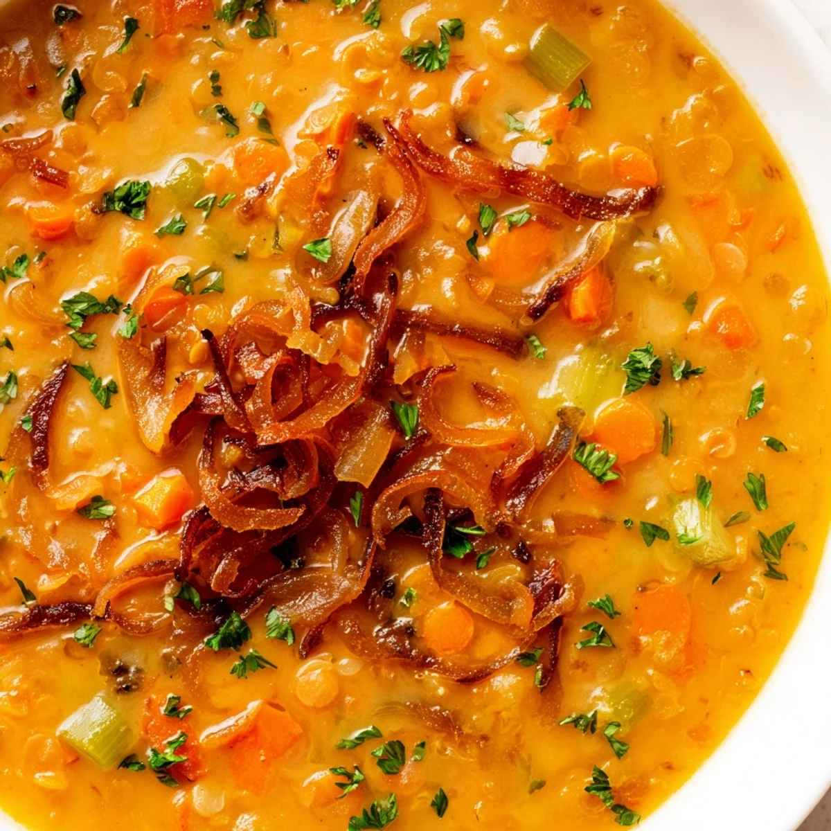 Creamy caramelized onion red lentil soup in white bowl with fresh parsley garnish
