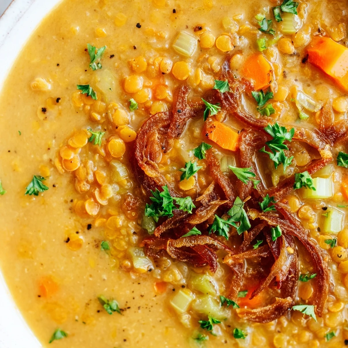 Golden caramelized onion red lentil soup steaming in rustic bowl with crusty bread