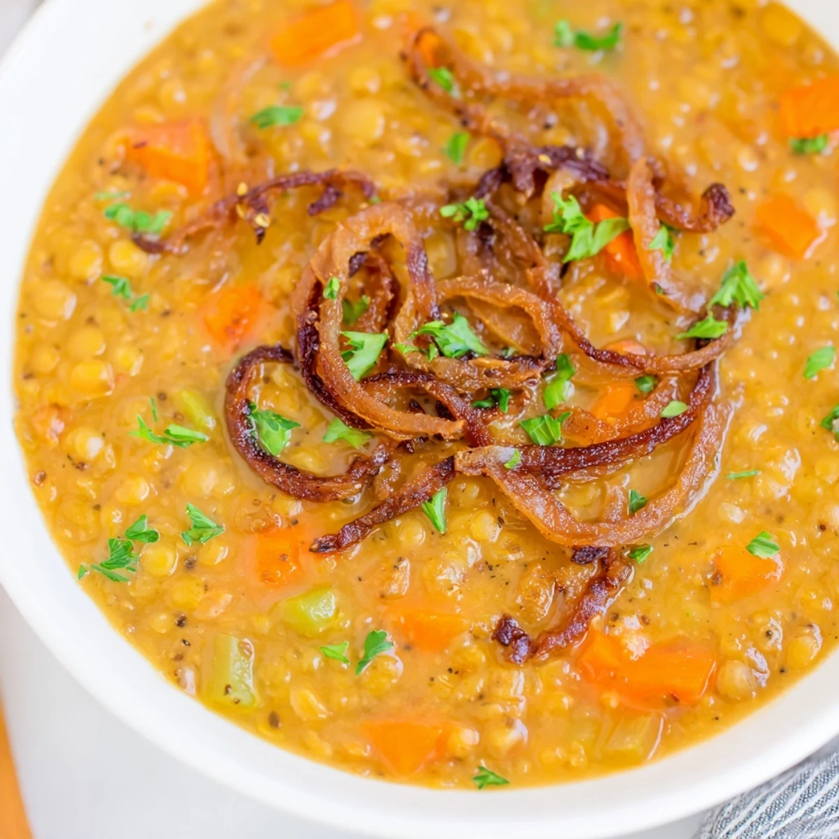 Velvety caramelized onion red lentil soup drizzled with olive oil and parsley sprinkle