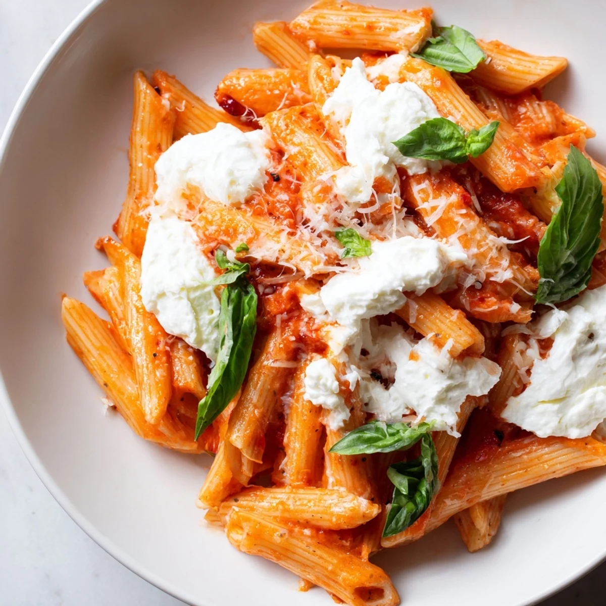 Creamy Tomato Garlic Ricotta Penne topped with fresh basil and Parmesan cheese shavings