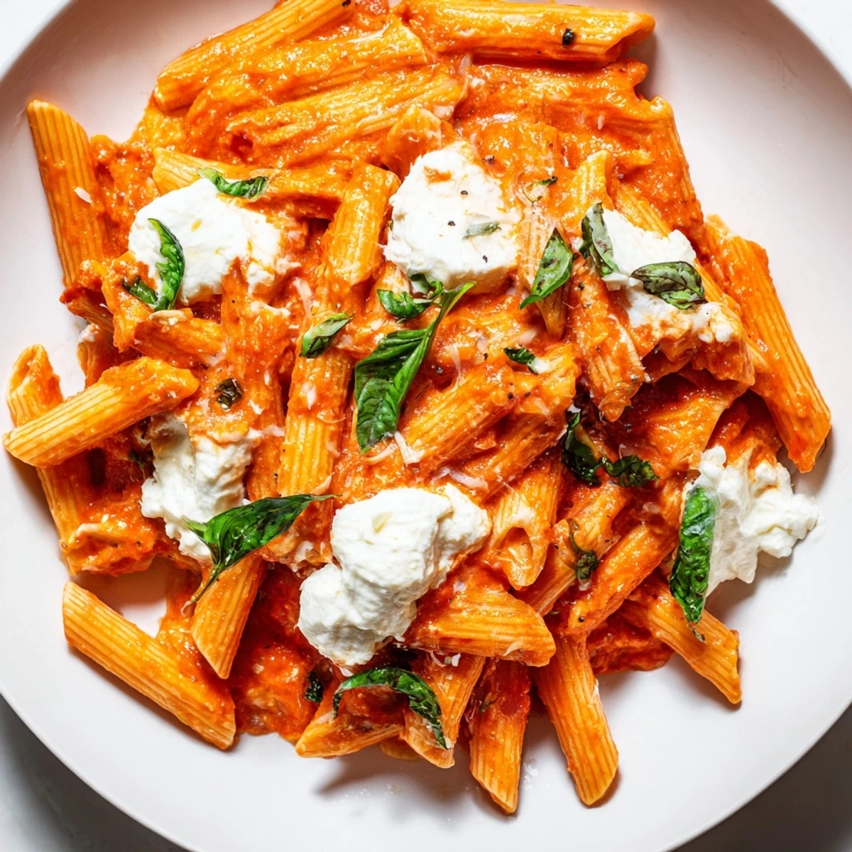 Steaming bowl of Tomato Garlic Ricotta Penne with vibrant red sauce and green herbs