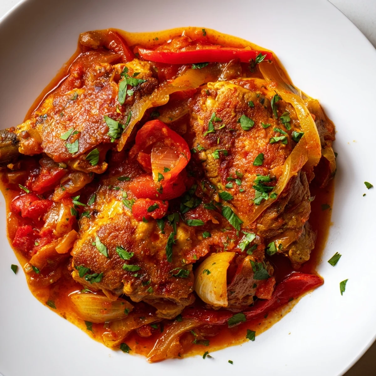 Golden Senegalese chicken simmered in rich tomato sauce with colorful bell peppers