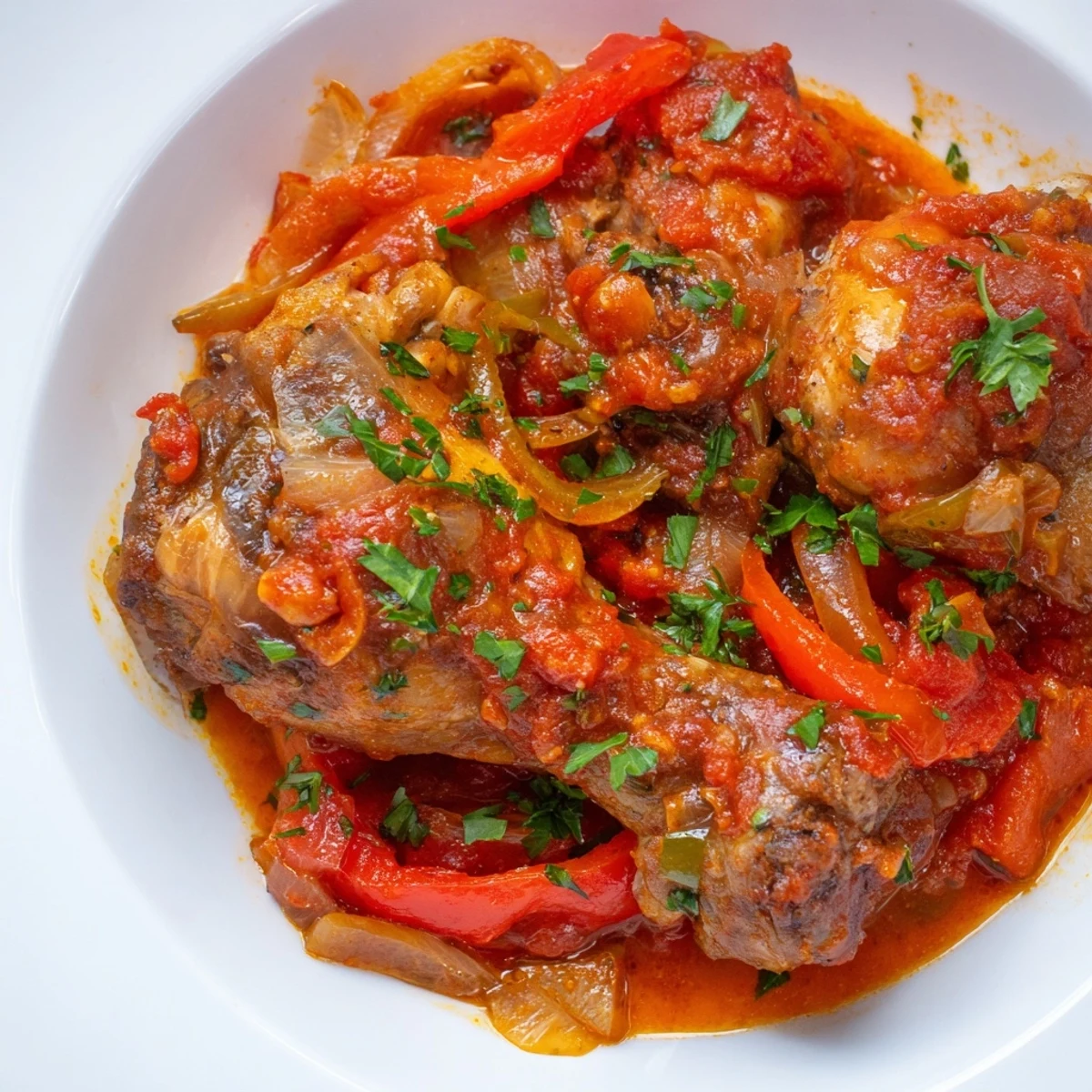 Tender Senegalese chicken thighs braised in aromatic spiced tomato onion gravy