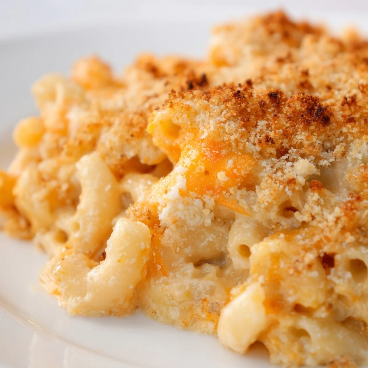 Golden three cheese baked macaroni with crispy panko topping bubbling in casserole dish