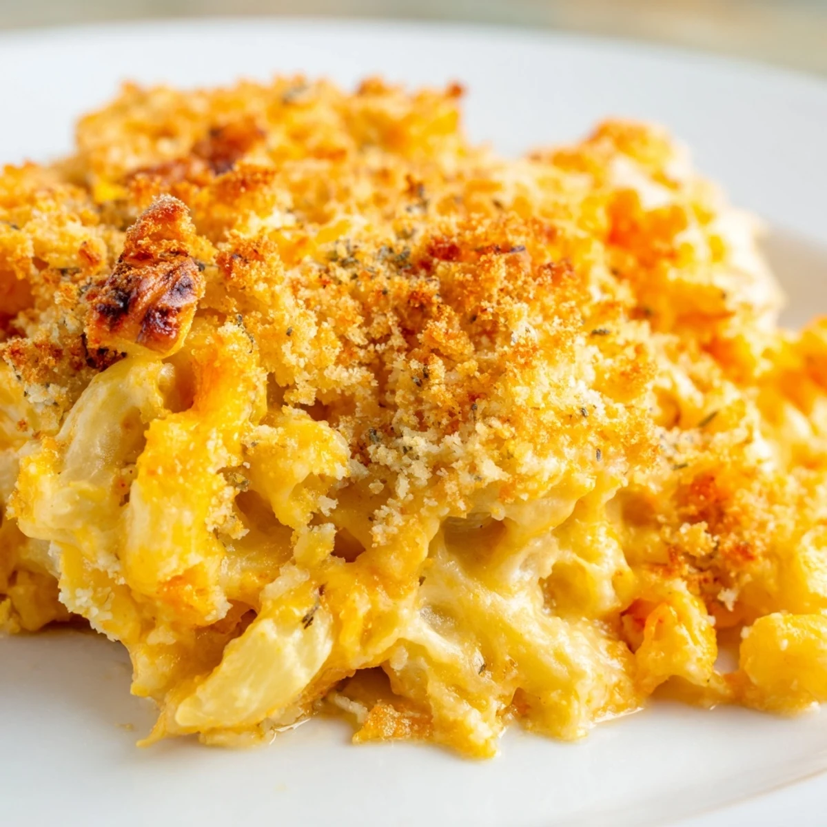 Creamy three cheese baked macaroni topped with melted mozzarella and buttery breadcrumbs