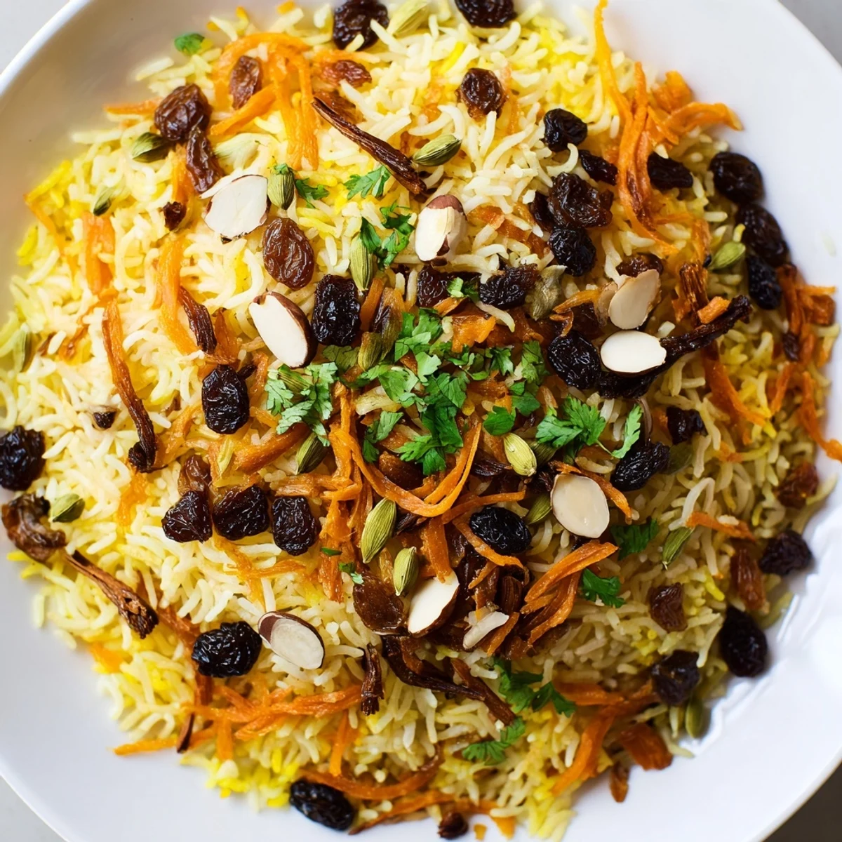 Golden Afghan rice topped with caramelized carrots, plump raisins, and fresh herbs
