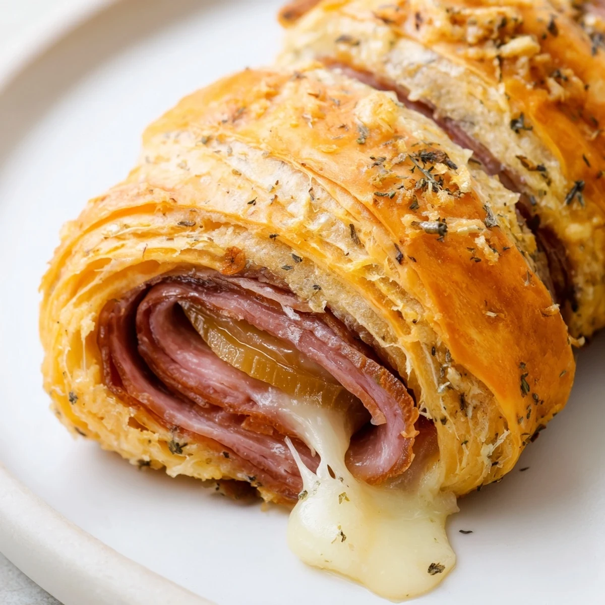 Golden beef and cheese French dip roll ups with savory au jus in a small bowl