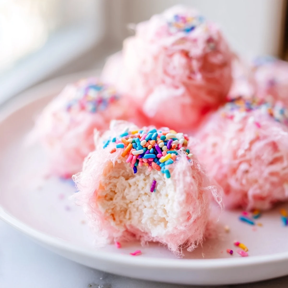Mini Cotton Candy Cheesecake Puff Balls with fluffy pink spun sugar coating on a white serving plate