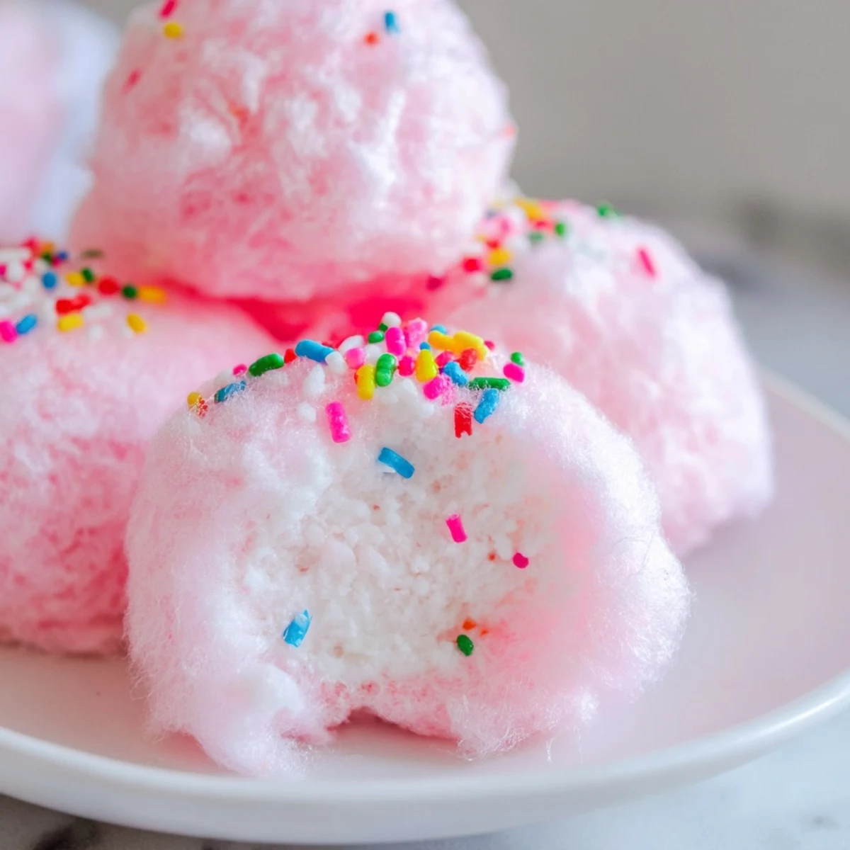 Creamy Mini Cotton Candy Cheesecake Puff Balls topped with colorful rainbow sprinkles for festive parties