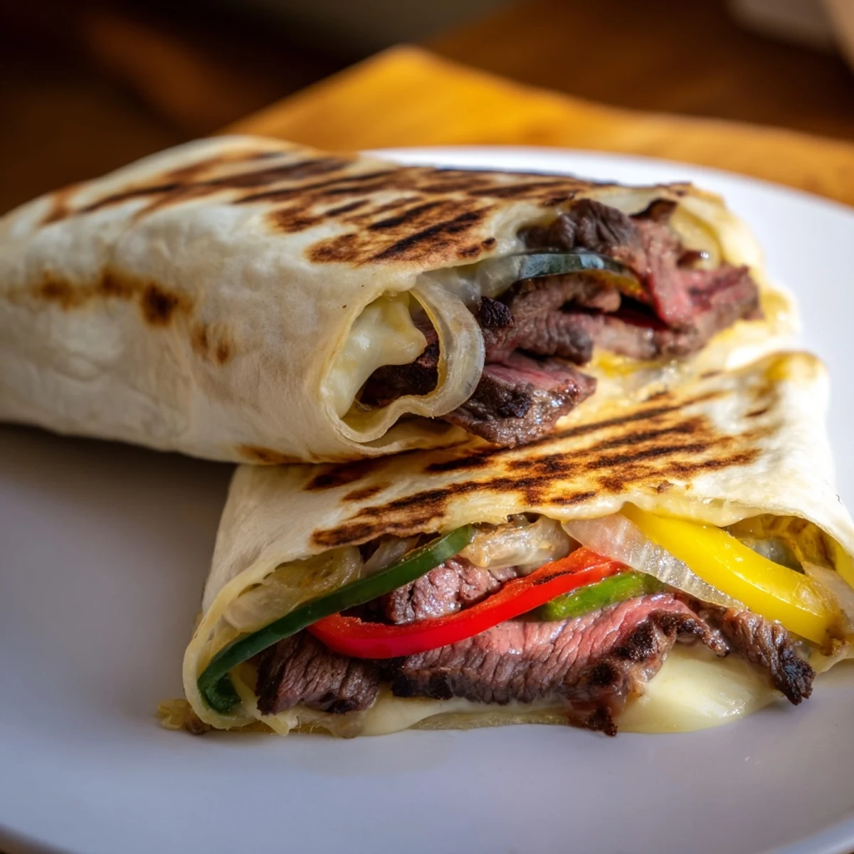 Golden crispy Philly cheesesteak grilled wraps with melted provolone and colorful peppers