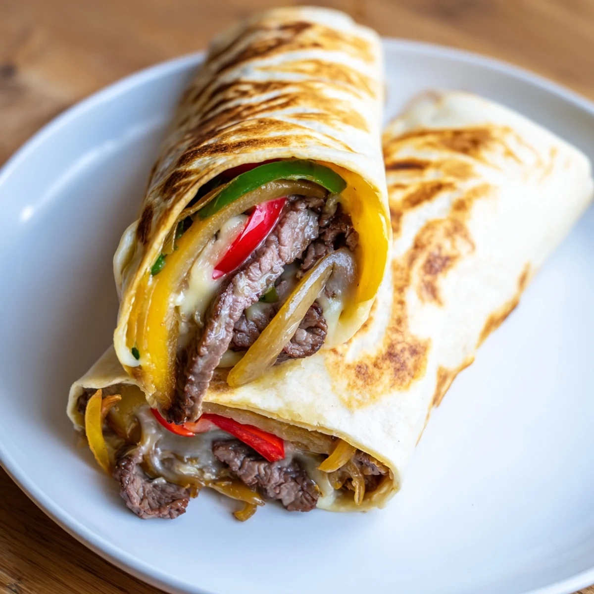 Philly cheesesteak grilled wraps sliced open revealing tender steak and melted cheese inside