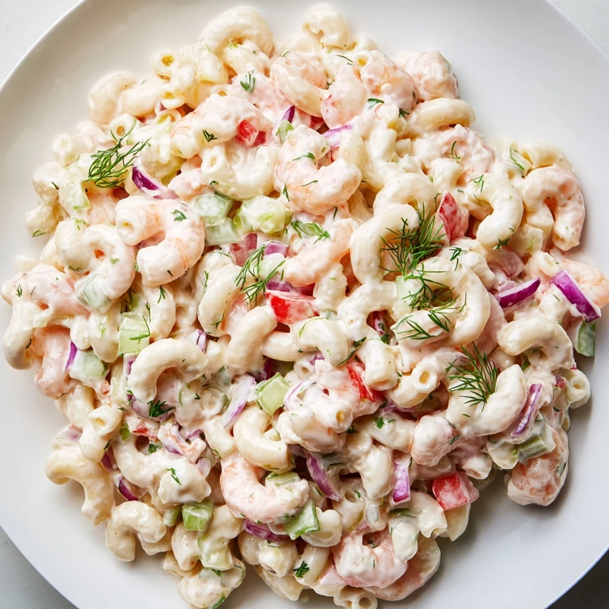 Creamy shrimp macaroni salad loaded with tender seafood and crisp colorful vegetables in a tangy dressing