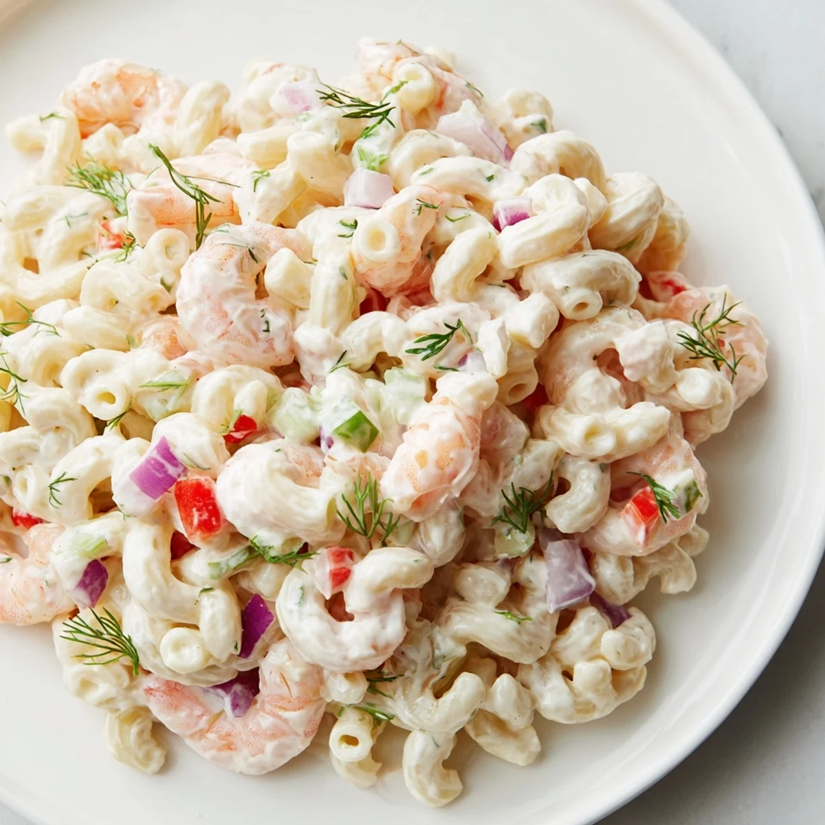 Chilled shrimp macaroni salad served in a white bowl with fresh dill garnish for summer picnics