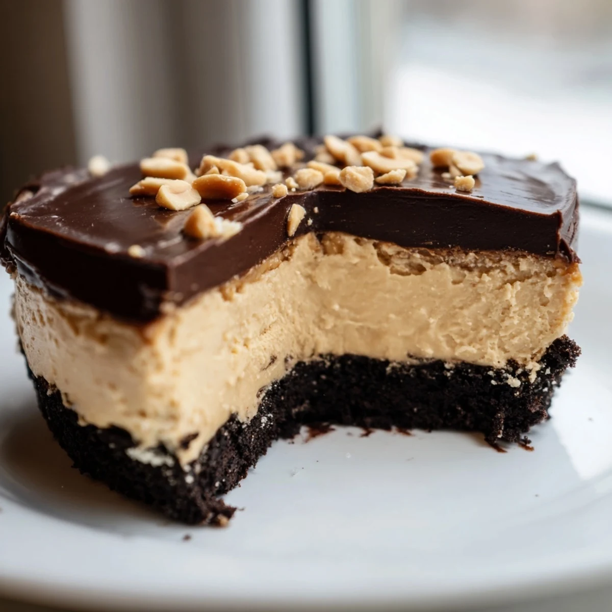 Creamy no bake peanut butter pie slice topped with glossy chocolate ganache on a dark crust