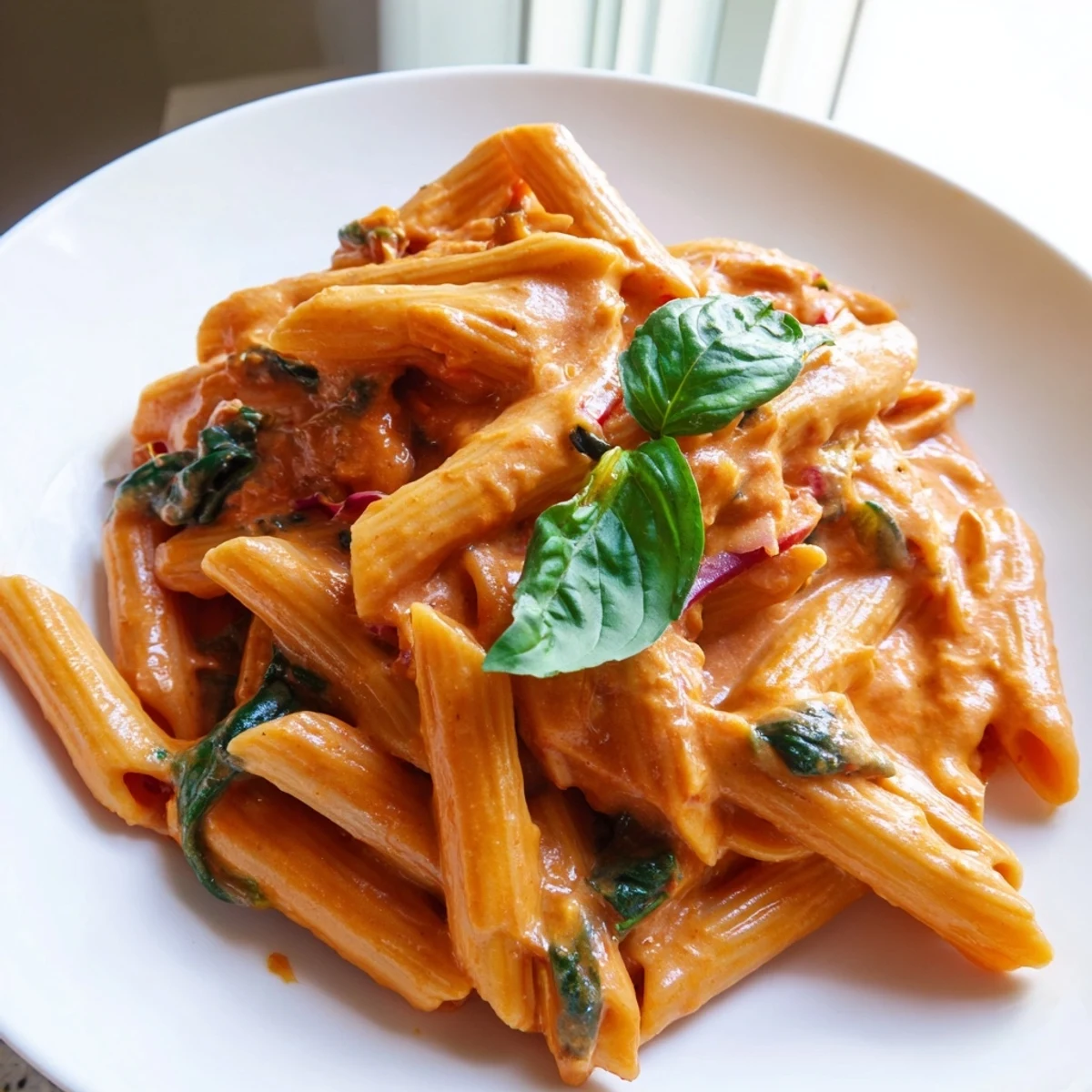 Creamy sun dried tomato vegan pasta in a smooth orange-red sauce with fresh basil garnish