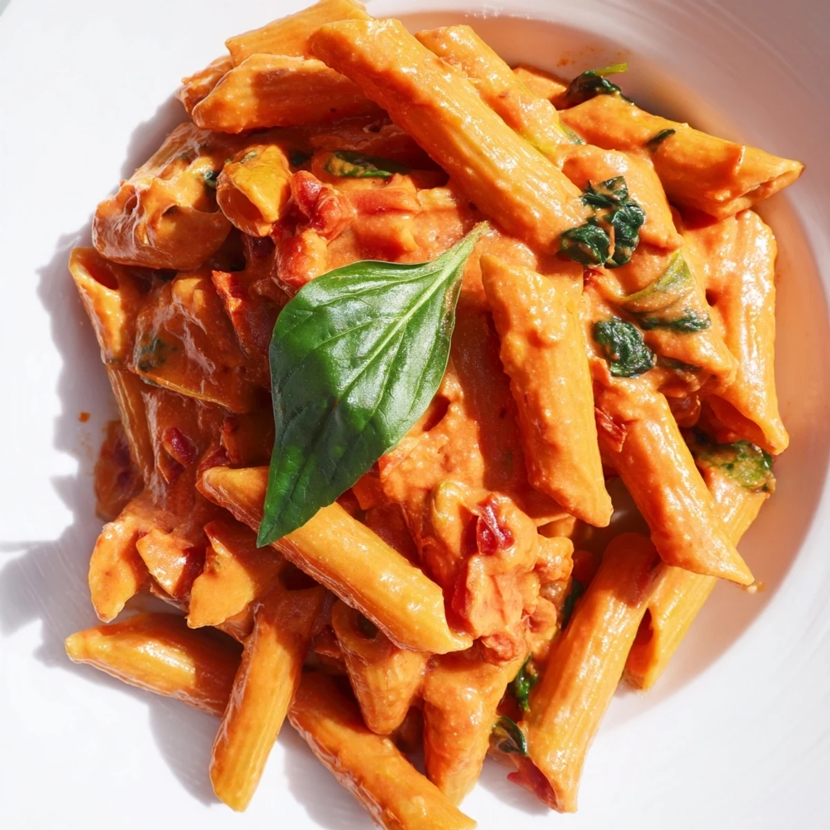 Twirled creamy sun dried tomato vegan pasta topped with spinach leaves and cracked black pepper