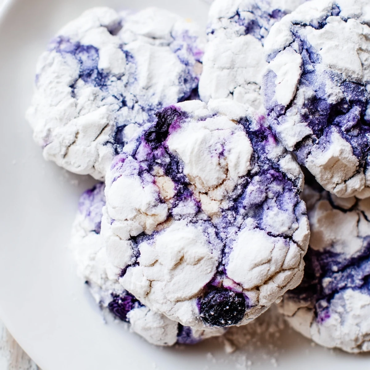 Soft blueberry crinkle cookies with powdered sugar coating on rustic wooden surface