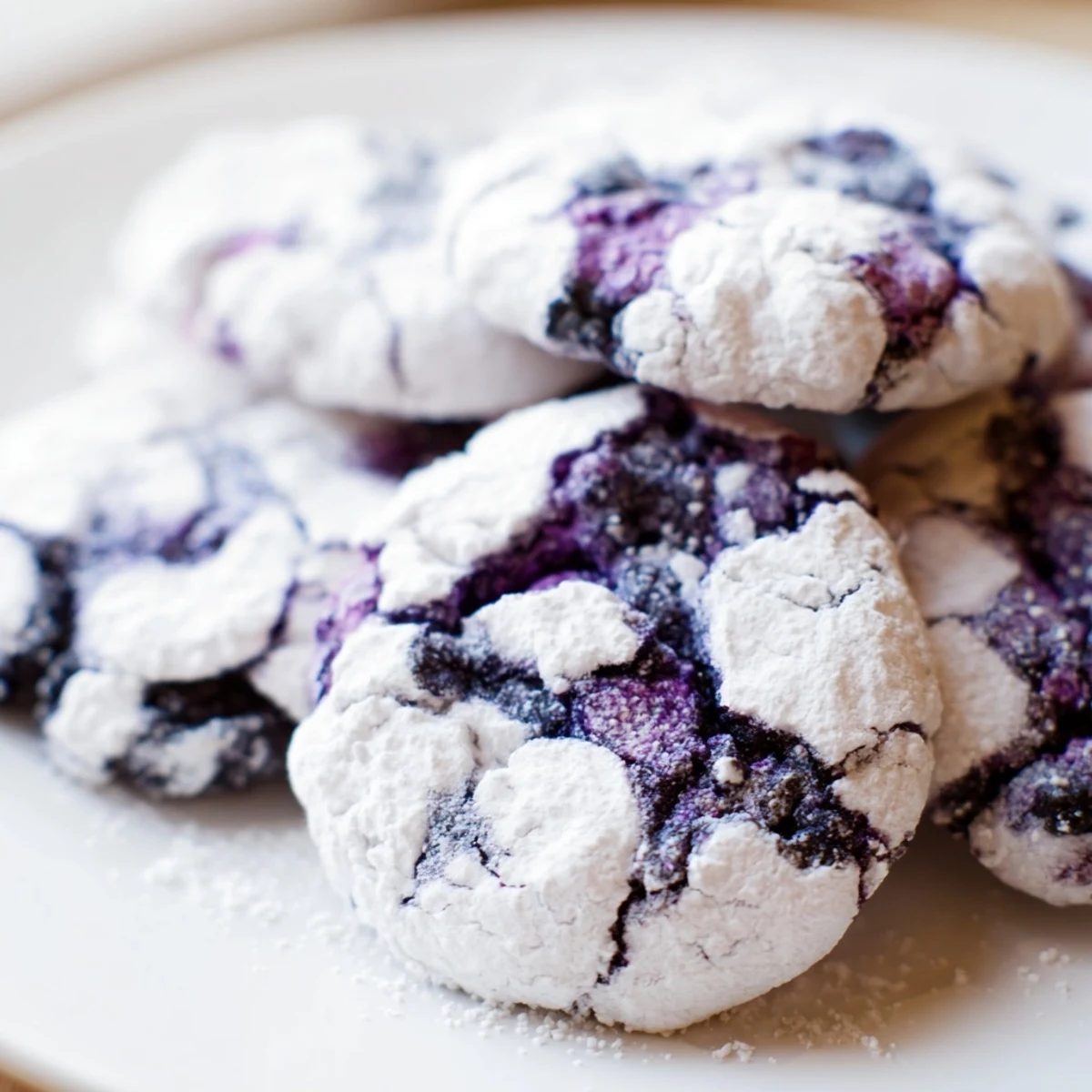 Golden-edged blueberry crinkle cookies showing chewy centers dusted with snowy powdered sugar