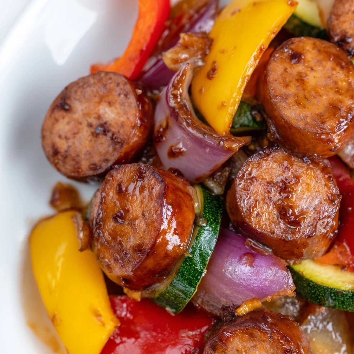 Honey Garlic Kielbasa Veggies served in a cast iron skillet with colorful bell peppers