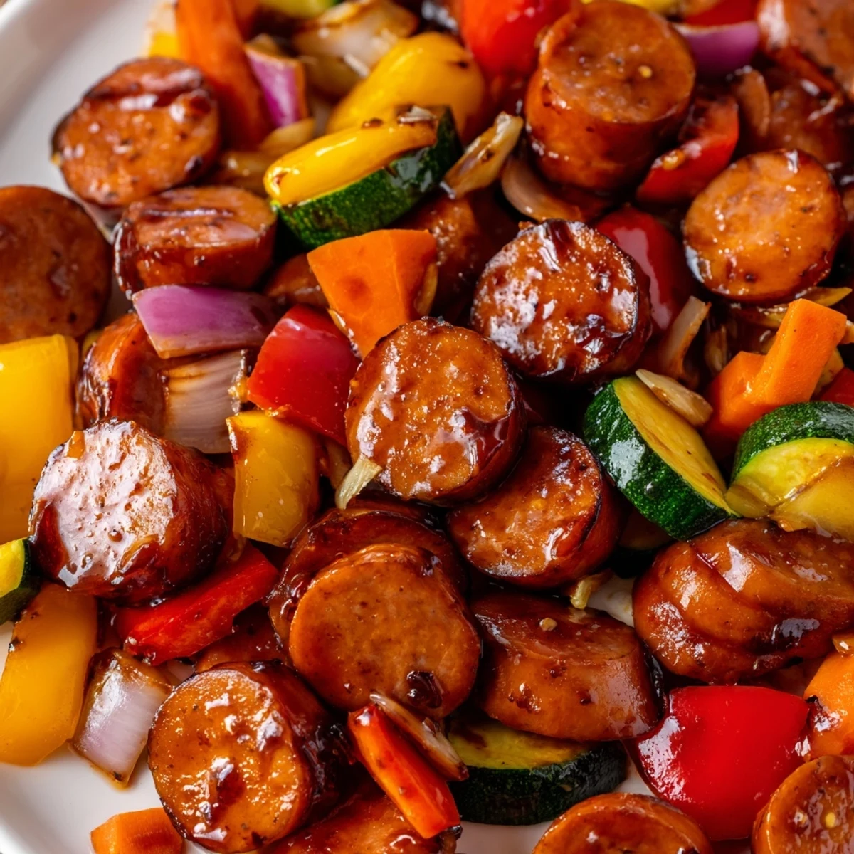 Smoky sausage and crisp vegetables coated in sticky honey garlic glaze close-up