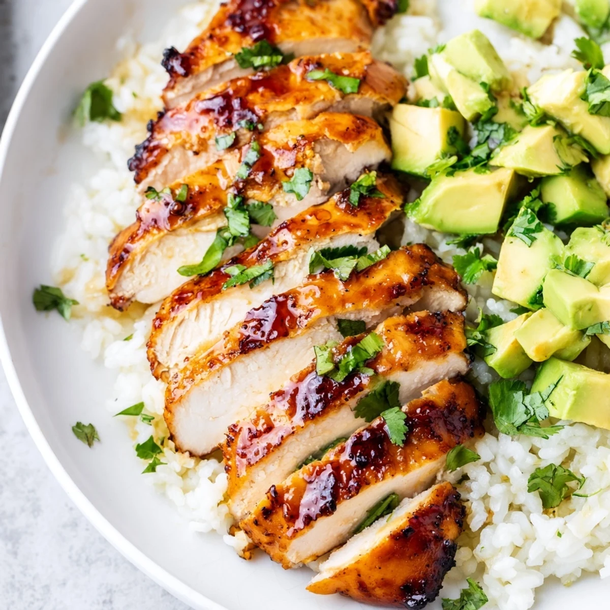 Golden honey lime chicken sliced over creamy avocado rice with fresh cilantro garnish