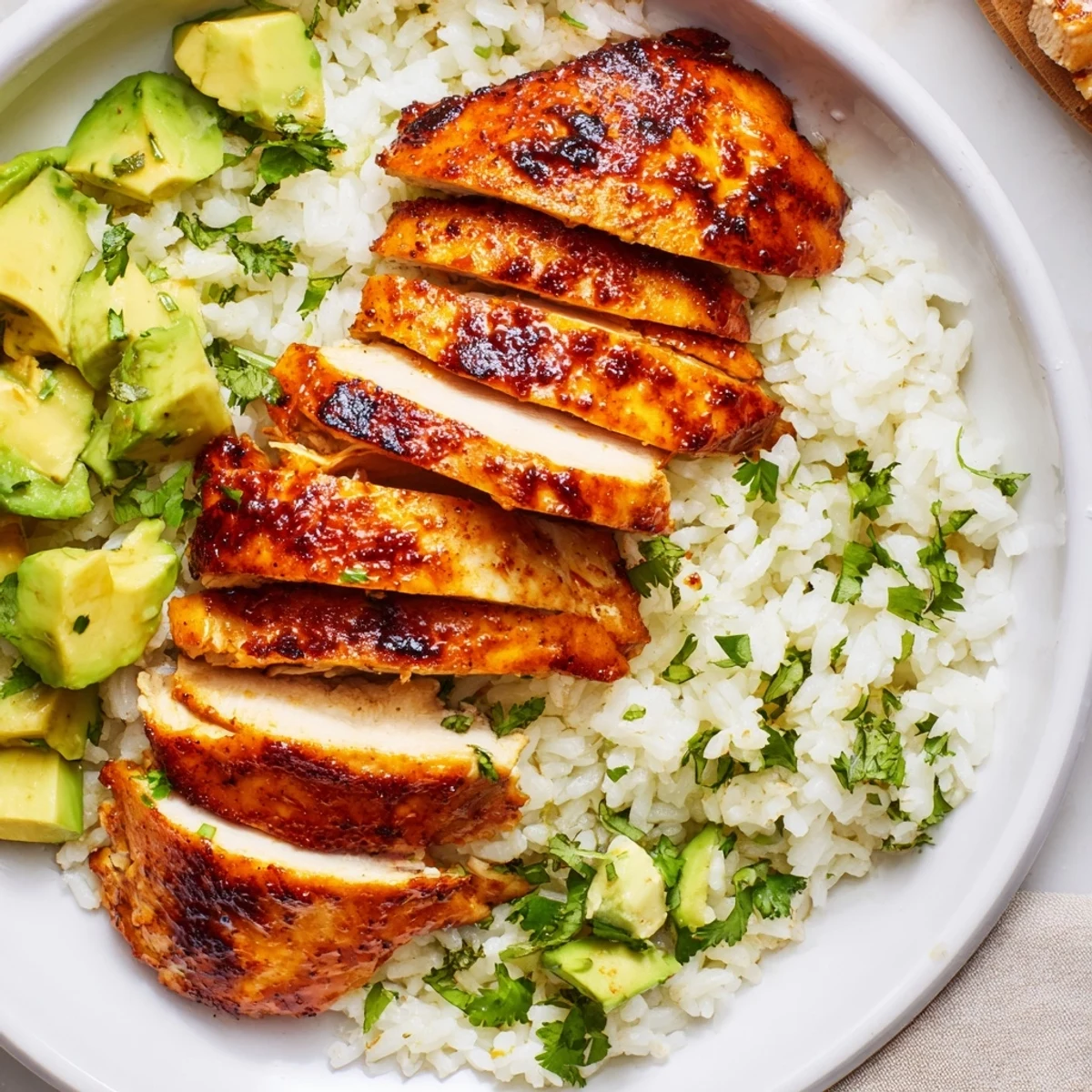 Juicy glazed honey lime chicken served alongside fluffy green avocado rice on white plate