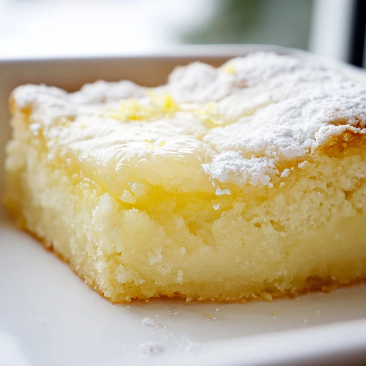 Golden lemon gooey butter cake squares dusted with powdered sugar on a white ceramic plate