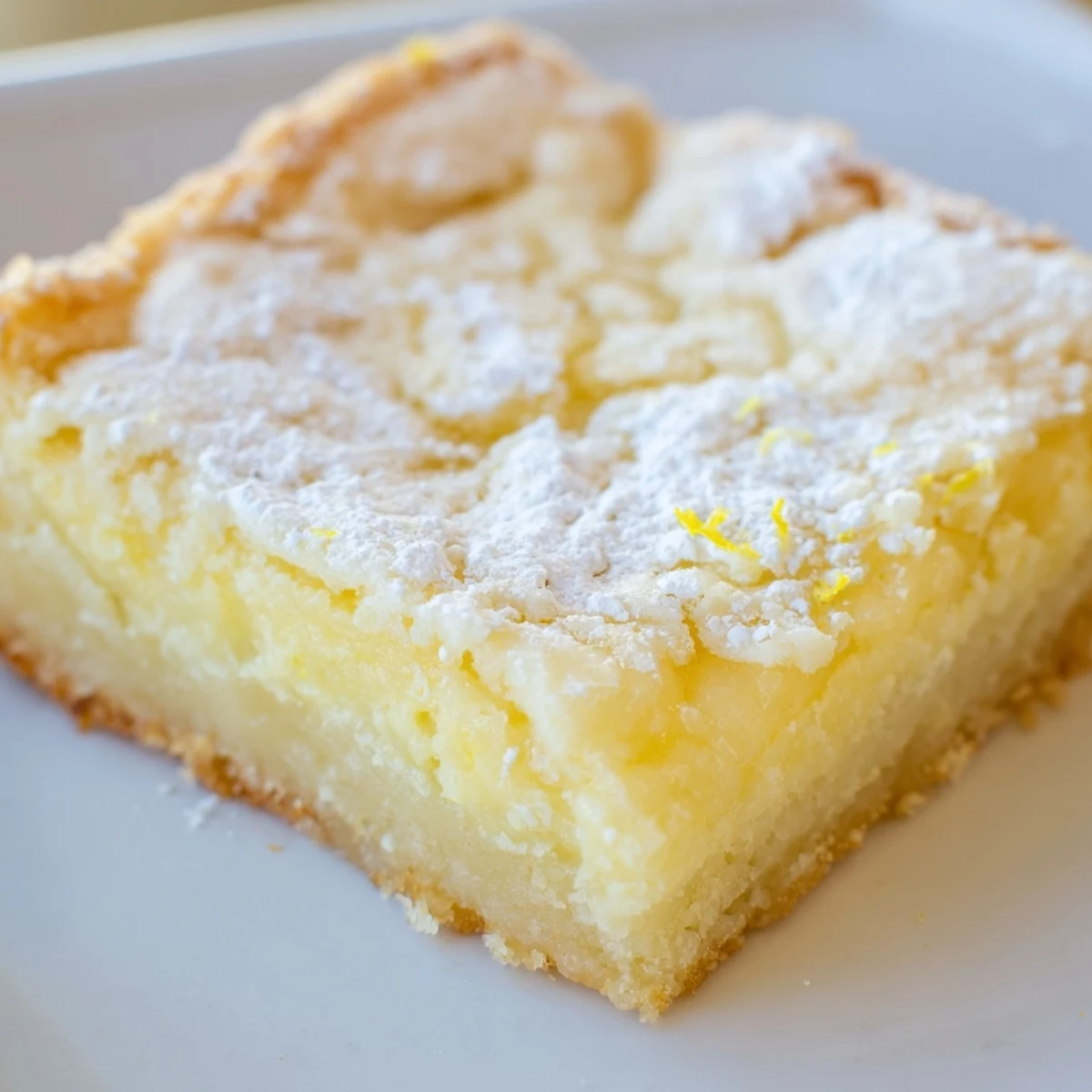 Creamy lemon gooey butter cake with bright yellow custard filling in a glass baking dish