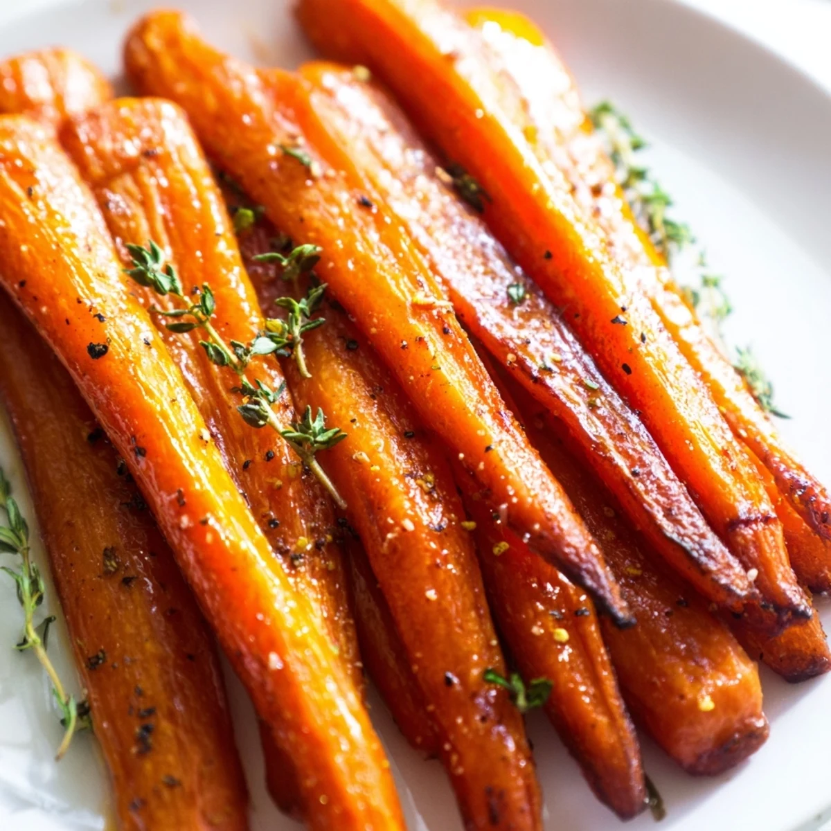Glossy honey roasted carrots with caramelized edges served on a white ceramic plate