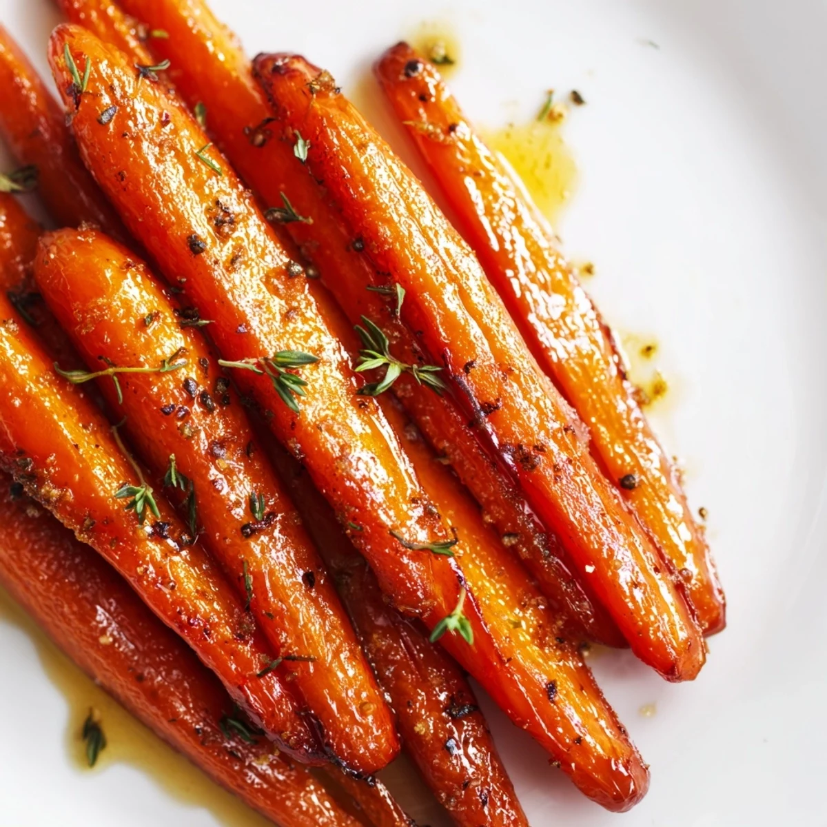 Golden honey roasted carrots glistening with glaze and sprinkled with fresh green herbs
