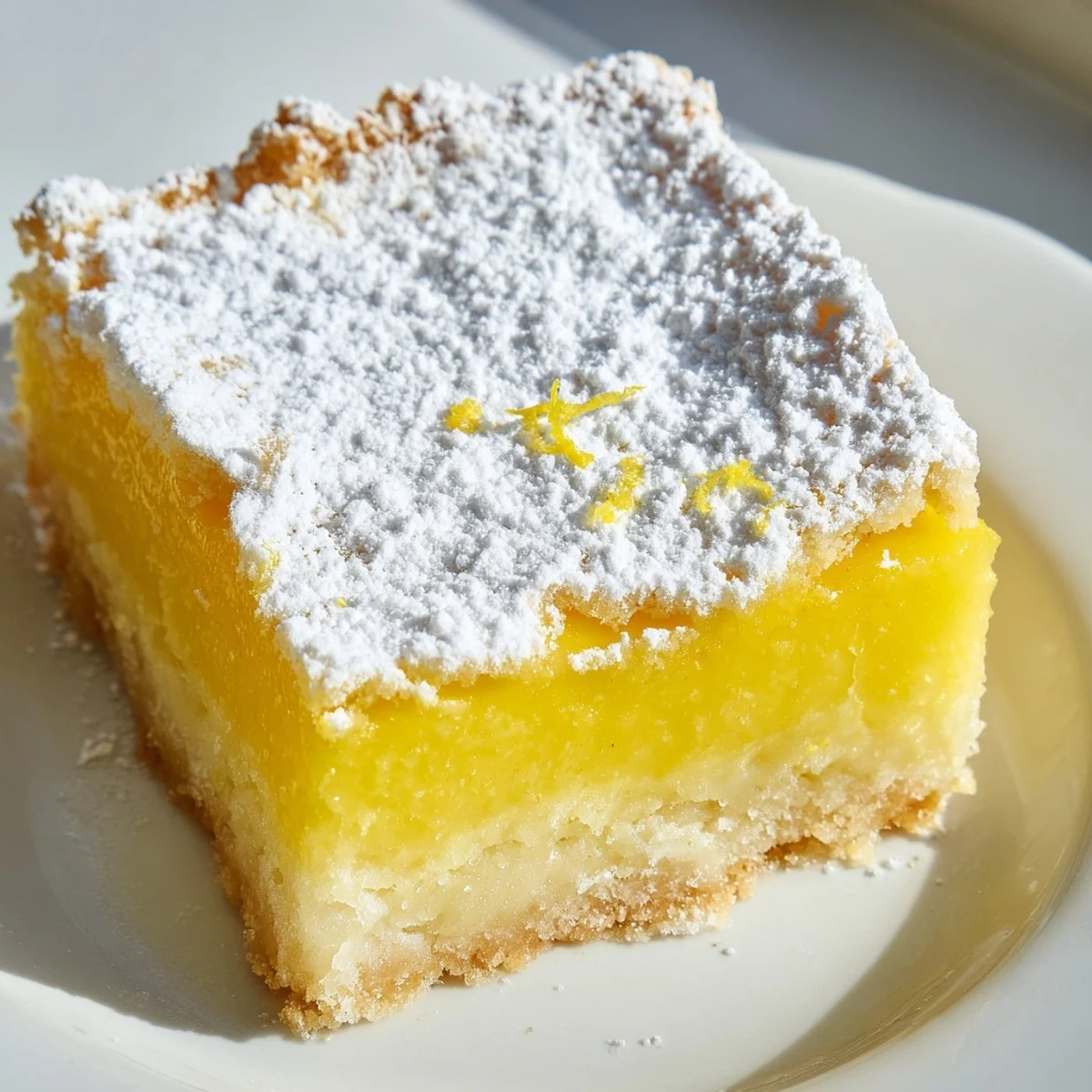 Golden lemon bars with powdered sugar dusting on a rustic wooden cutting board ready to serve
