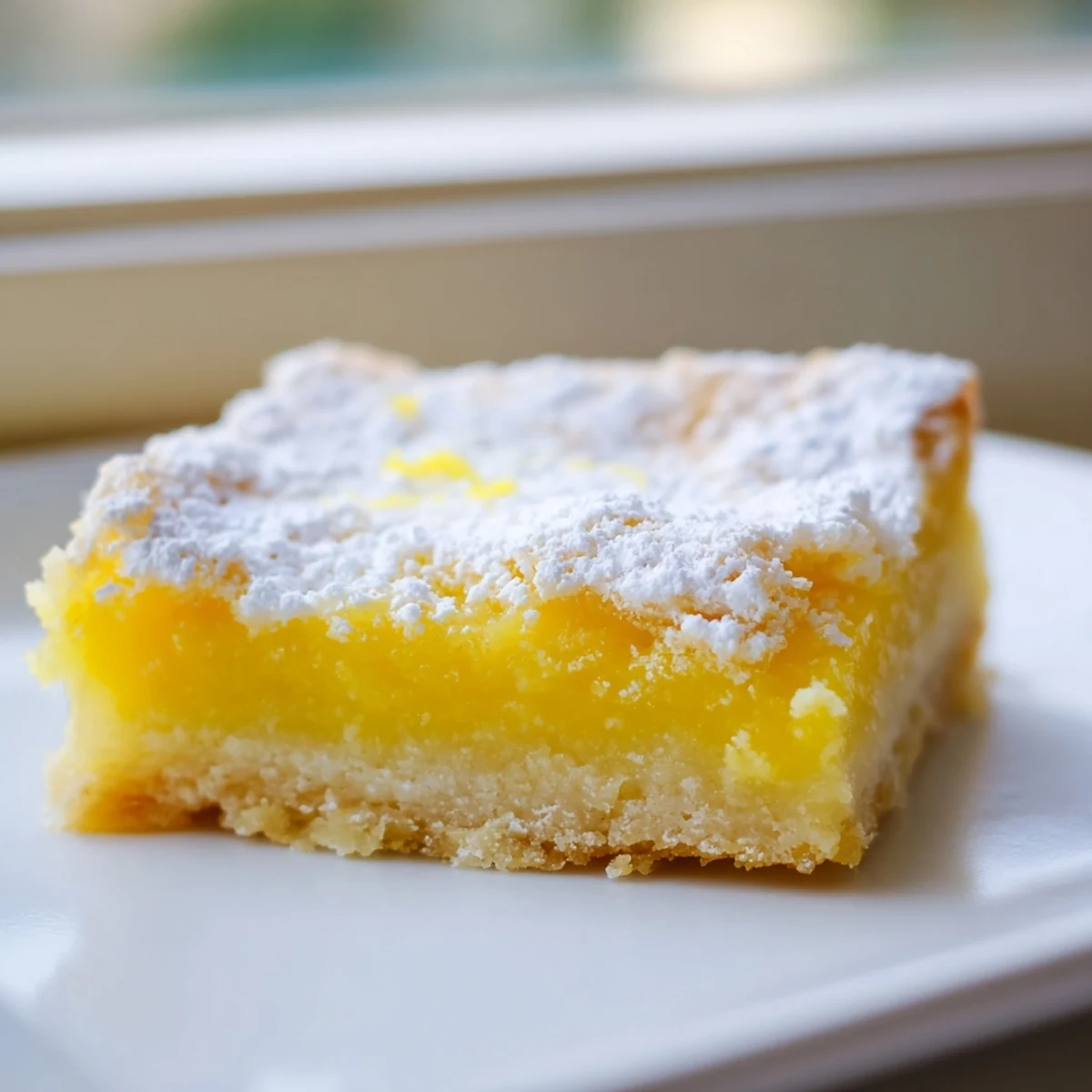 Tangy lemon bar squares with bright yellow filling and buttery shortbread crust cut perfectly