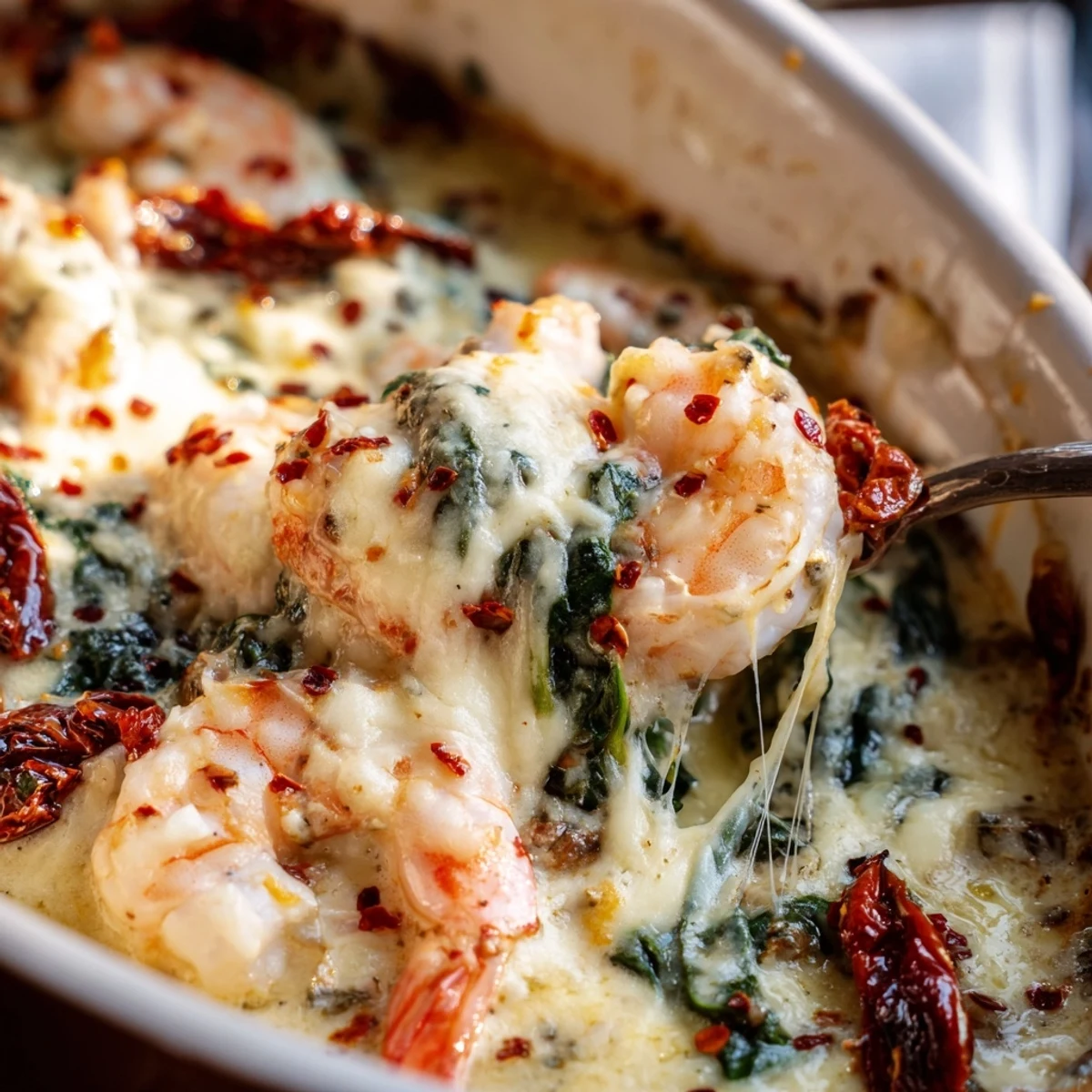 Creamy Low Carb Shrimp Tuscan Bake with melted mozzarella bubbling in a golden cast iron skillet