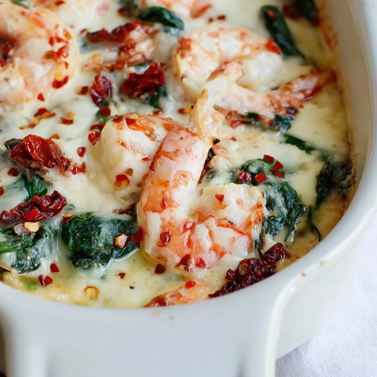 Golden Low Carb Shrimp Tuscan Bake topped with melted cheese and vibrant sun-dried tomatoes