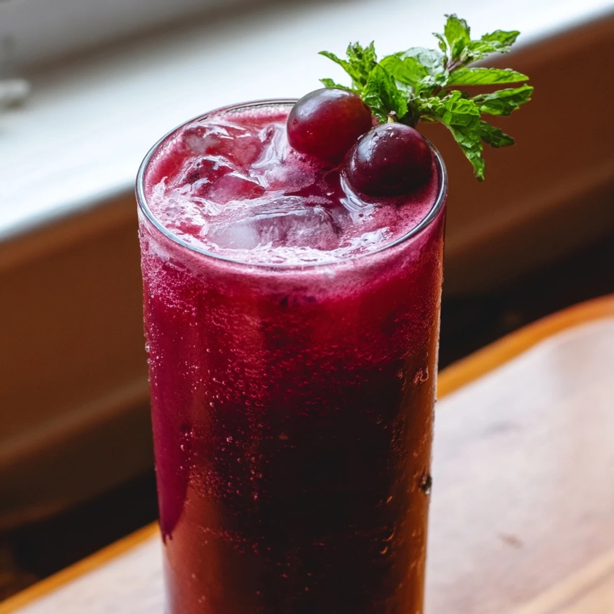 Chilled Grape Agua Fresca in a clear glass with ice cubes and fresh mint garnish